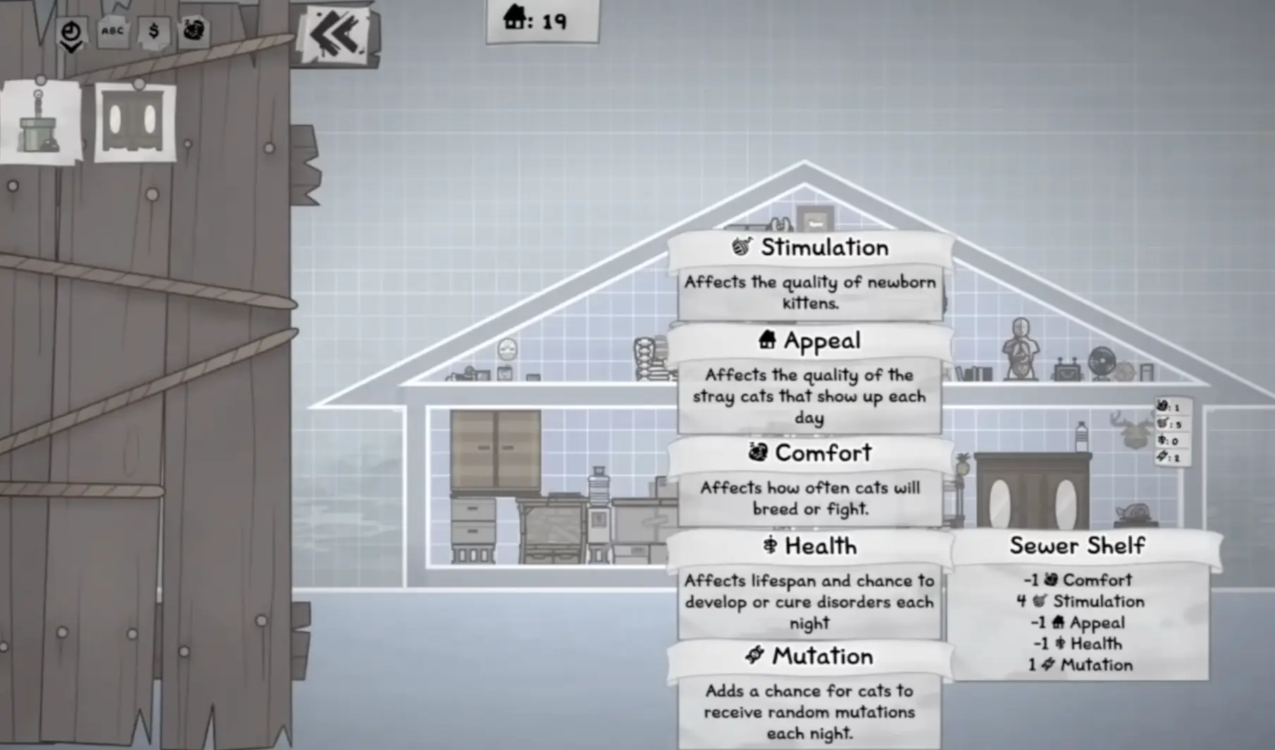 Mewgenics breeding room stats overview showing stimulation, appeal, comfort, health, and mutation