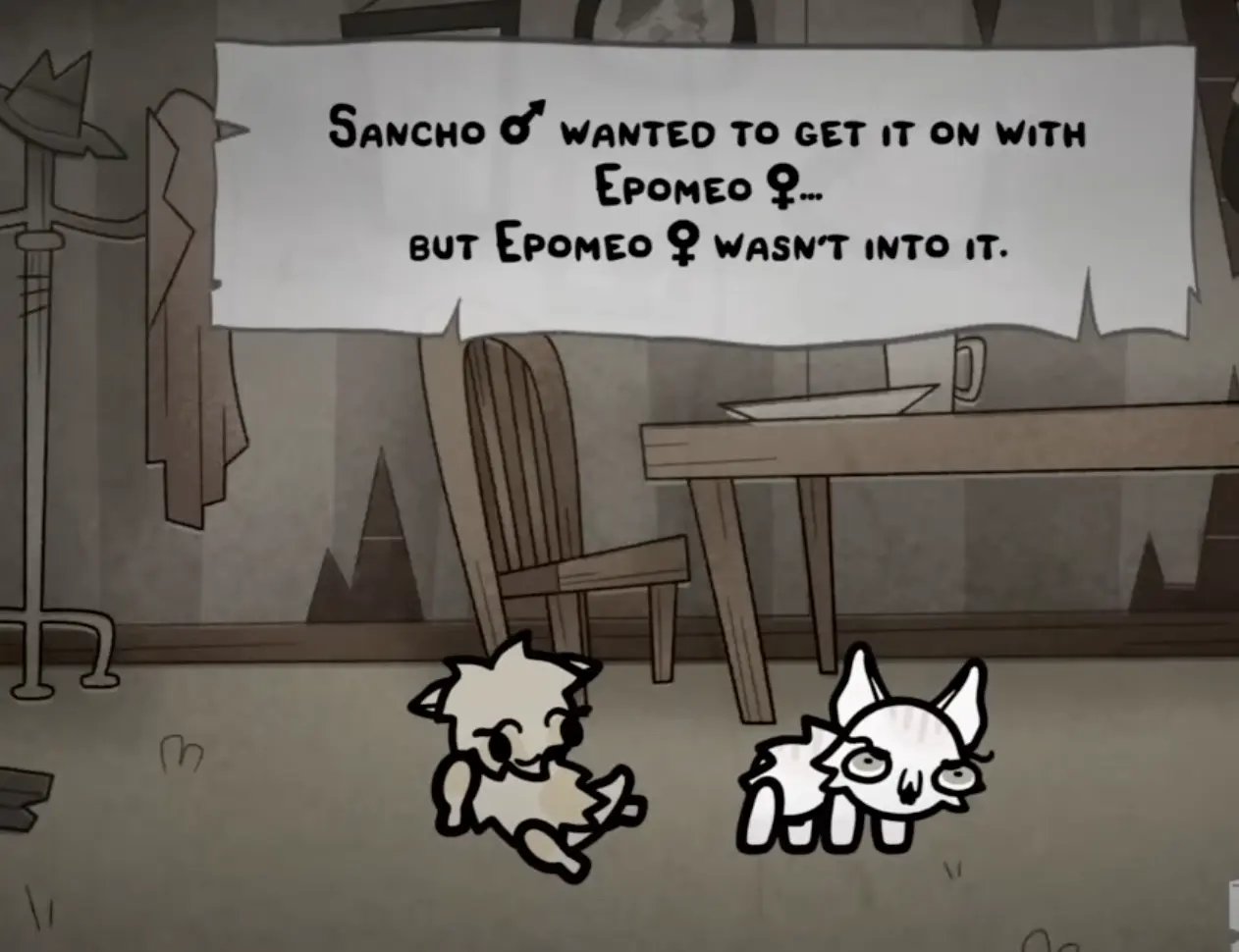 Two cats placed close together in an early breeding setup in Mewgenics