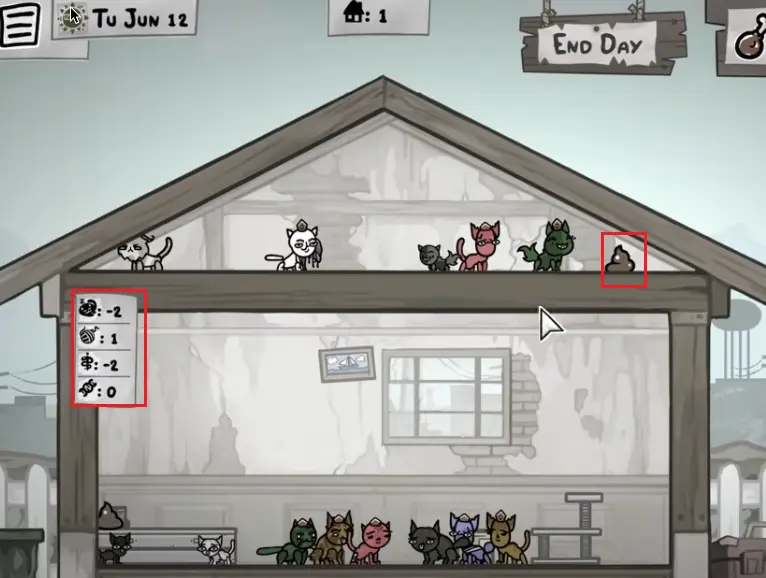 Mewgenics house screen showing cleanup problems that lower Comfort