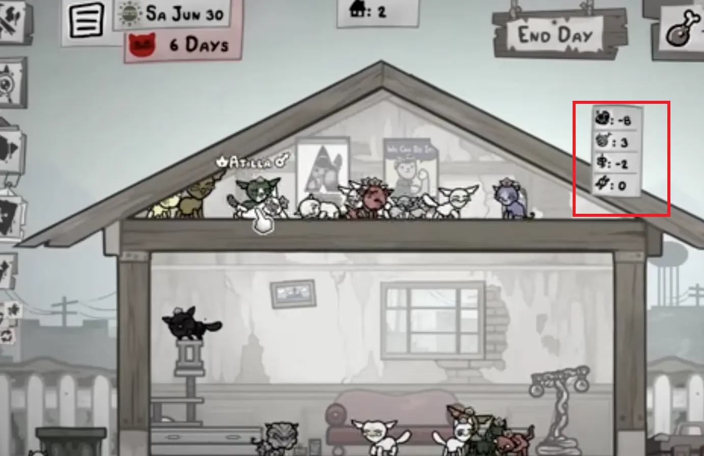 Low-Comfort Fight Club room where cats fight for stat gains in Mewgenics