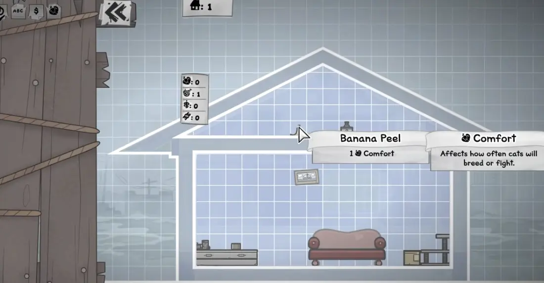 Mewgenics house screen showing room stats and furniture-driven house setup planning