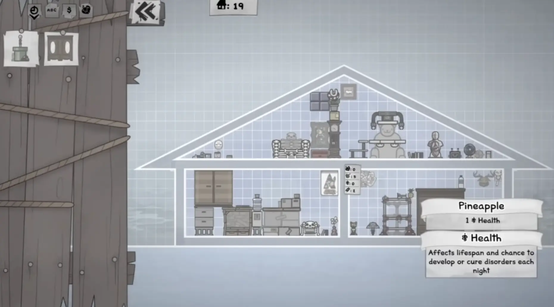 Mewgenics furniture example showing pineapple and health-related room value