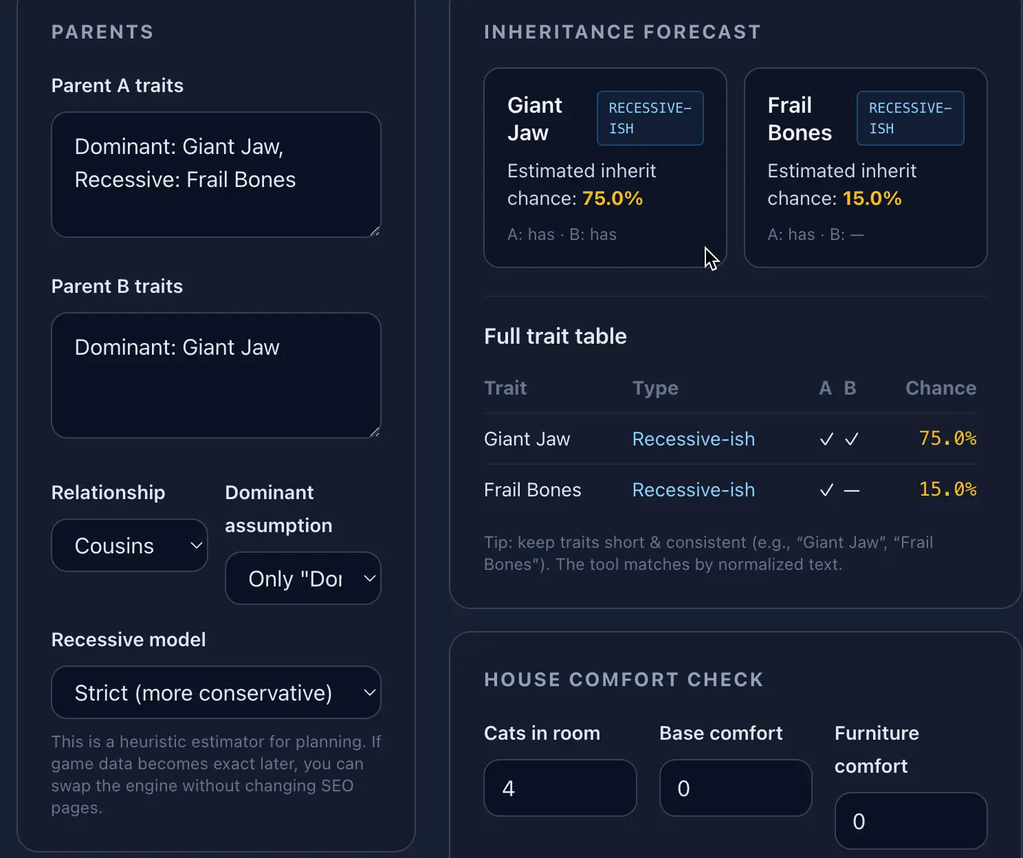MewGenius breeding simulator input panel