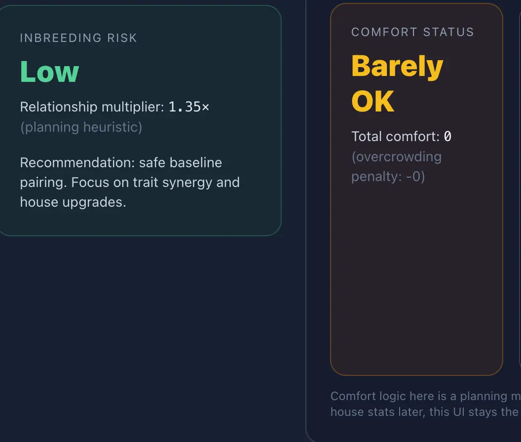 MewGenius breeding simulator inbreeding risk and comfort check