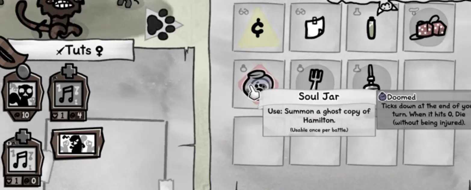 Filled Soul Jar showing Ghost of Hamilton stored inside in Mewgenics