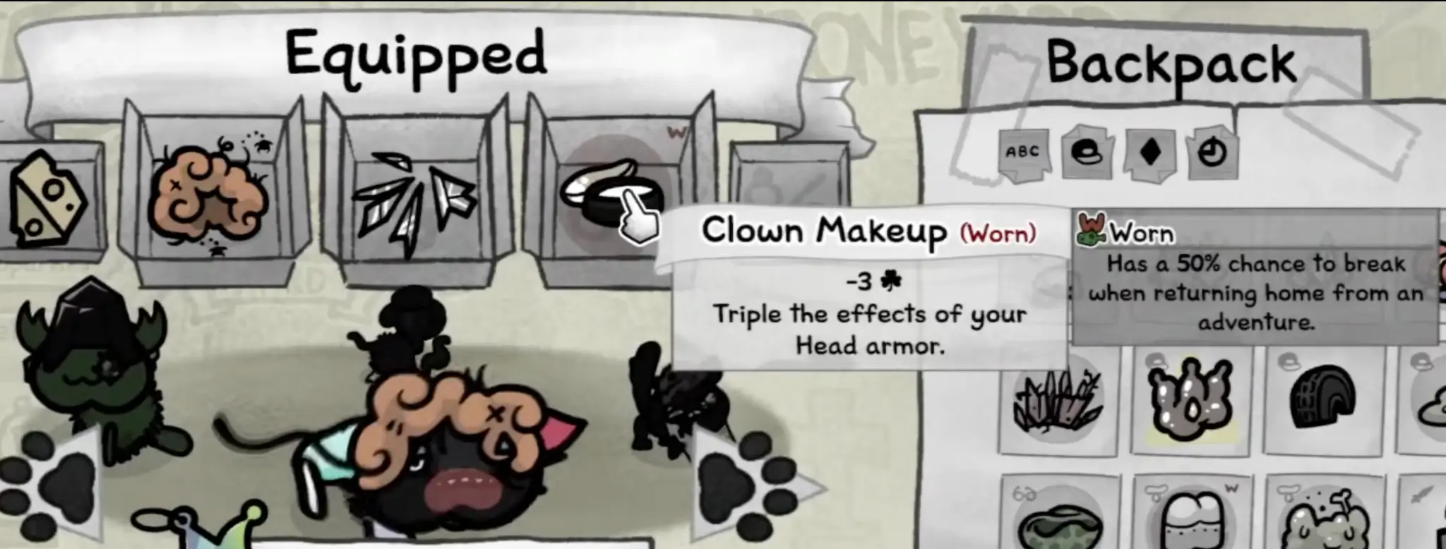 Jester build in Mewgenics using Clown Makeup as part of a luck-scaling synergy setup