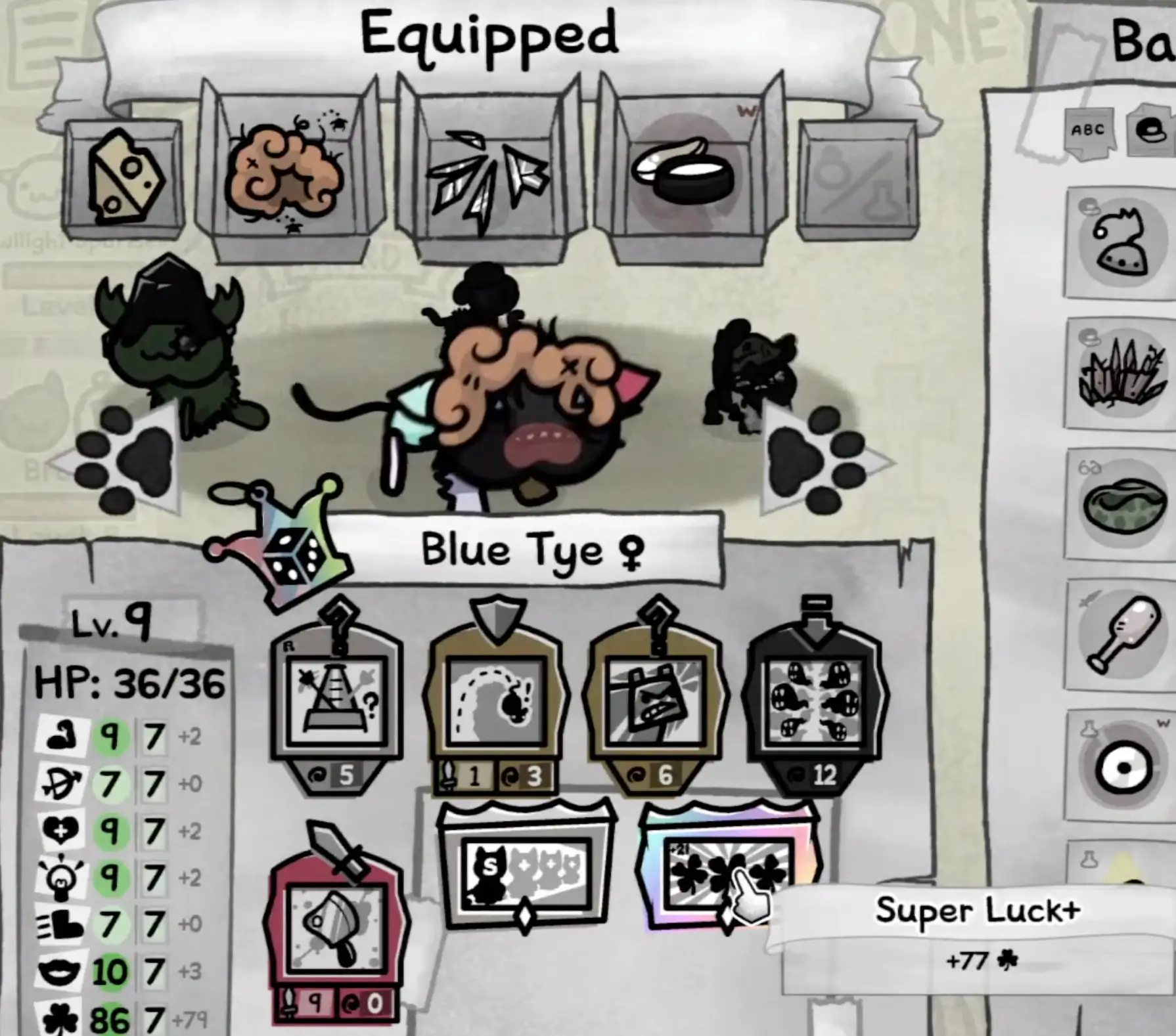 Jester build in Mewgenics showing Super Luck and Libra turning high luck into balanced all-stat scaling