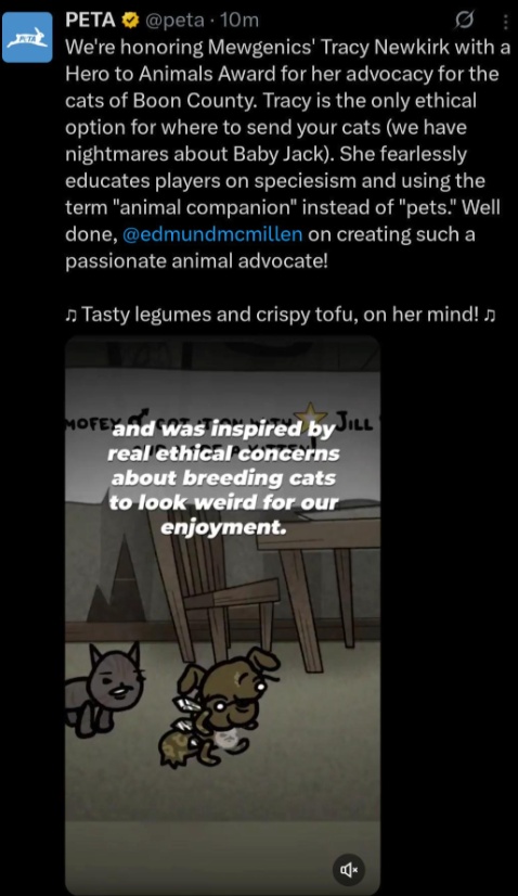 Official PETA tweet honoring Mewgenics character Tracy Newkirk with a Hero to Animals Award