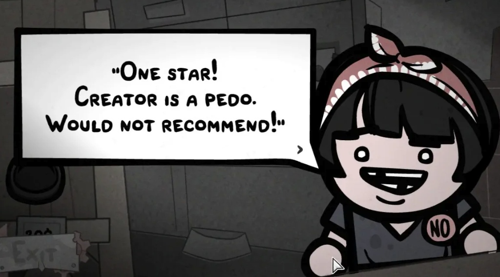 Mewgenics in-game screenshot showing satirical dialogue and dark humor