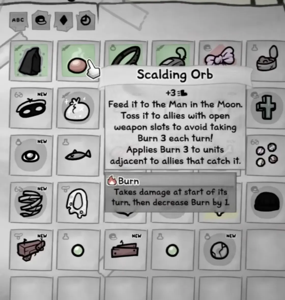 Scalding Orb tooltip showing +3 Speed, Burn 3, and delivery instructions for the Man in the Moon